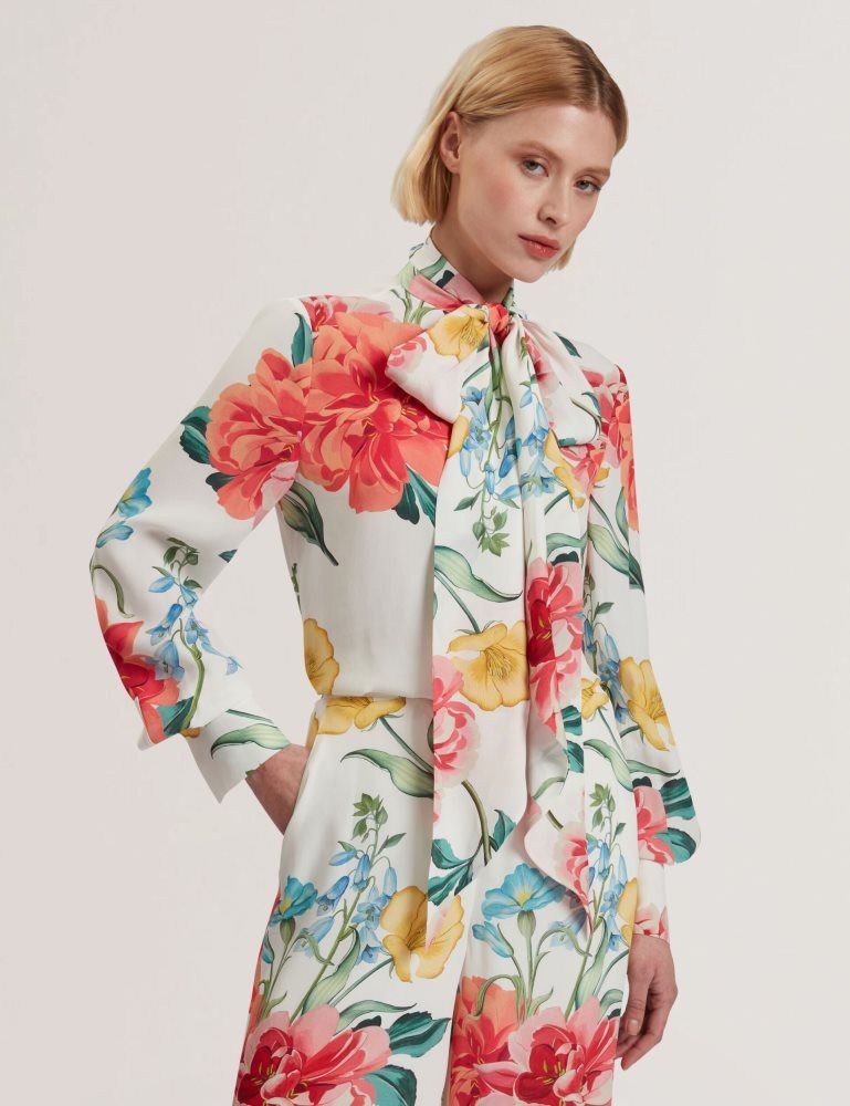 Tricouri Dama Ted Baker Luusile - Floral Print Tie Neck Long Sleeve Blouse Albi | 960841-PRB