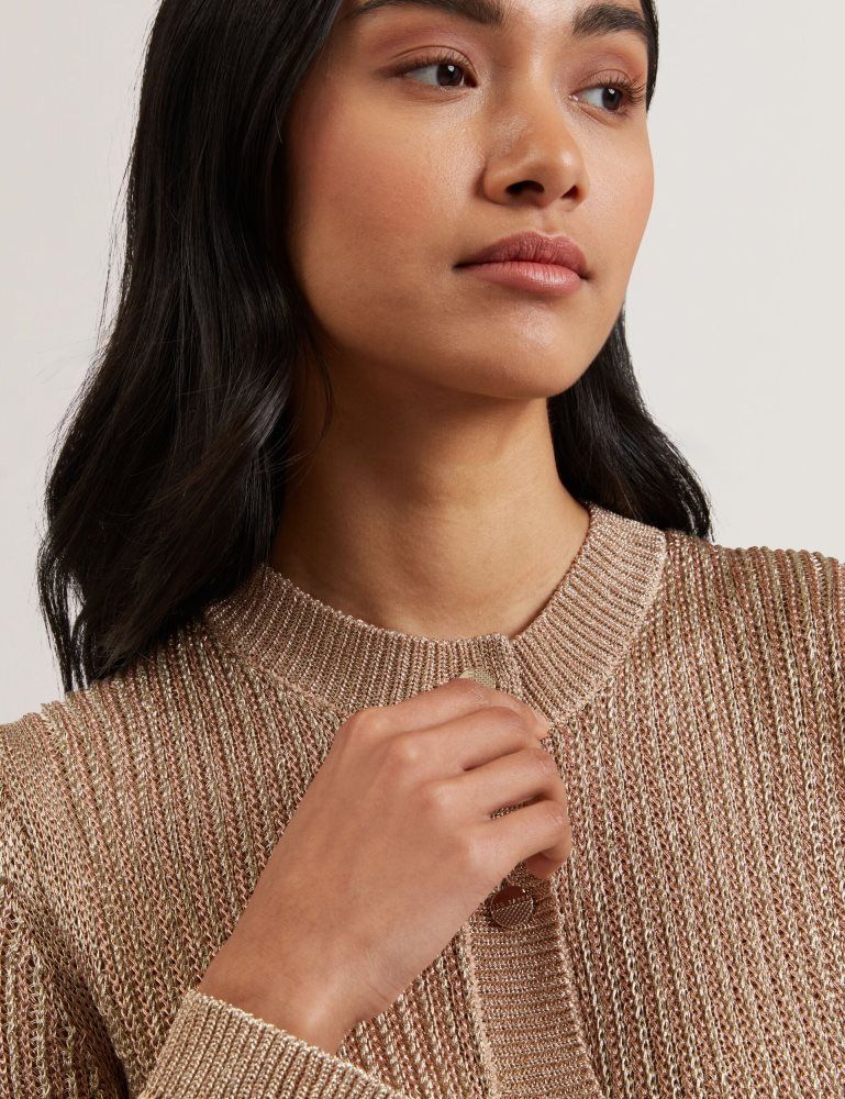 Tricouri Dama Ted Baker Manya - Metallic Knit Cropped Cardigan Aurii | 615823-QZK