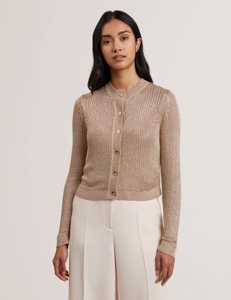 Tricouri Dama Ted Baker Manya - Metallic Knit Cropped Cardigan Aurii | 615823-QZK