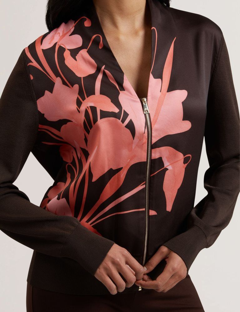 Tricouri Dama Ted Baker Matiina - Printed Front Zip-up Bomber Cardigan Maro | 592014-DME