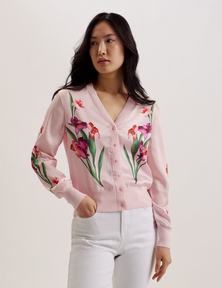 Tricouri Dama Ted Baker Meralll - Floral Woven Front V-neck Cardigan Roz | 705138-SNU