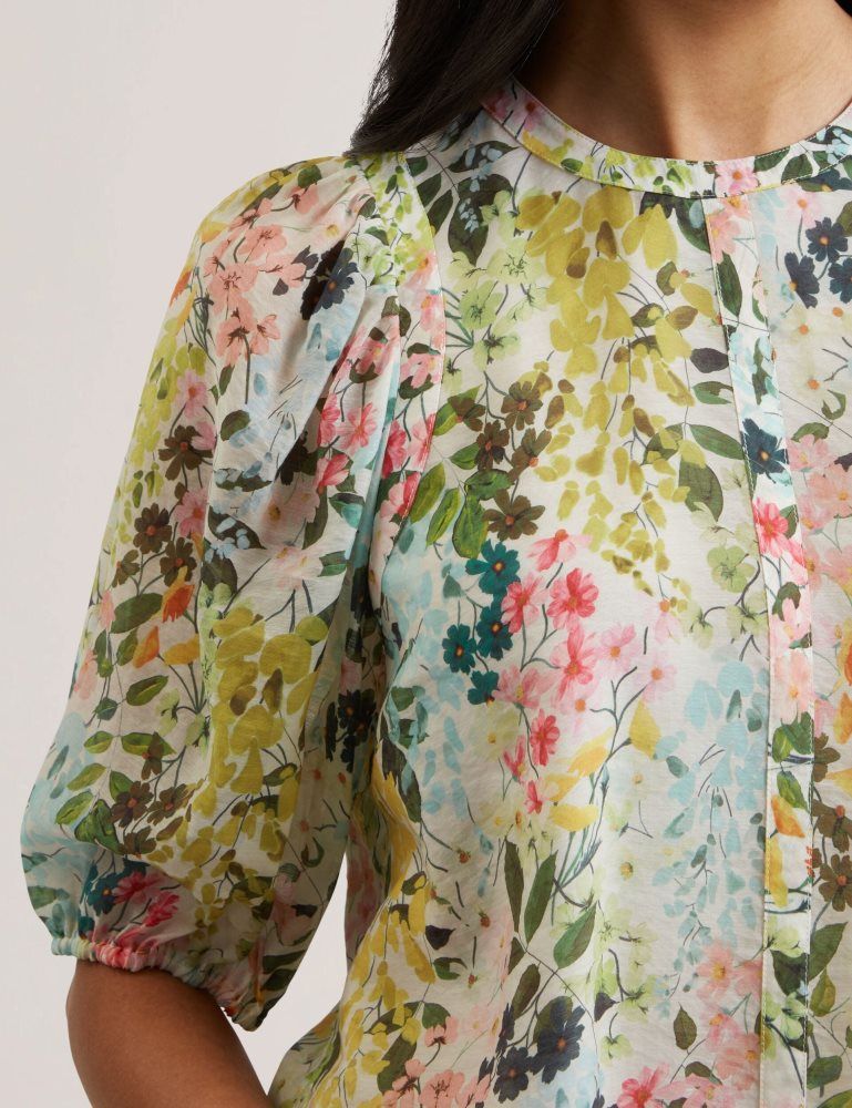Tricouri Dama Ted Baker Micha - Floral Binding Detail Puffed Sleeve Blouse Albi | 196430-LCY
