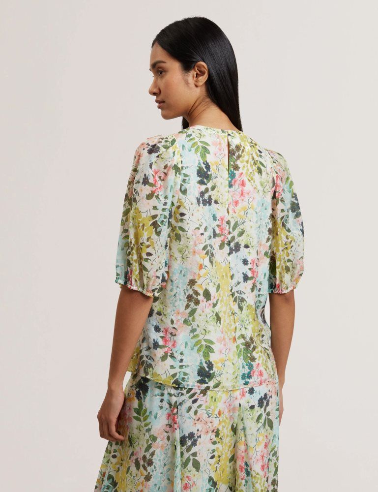 Tricouri Dama Ted Baker Micha - Floral Binding Detail Puffed Sleeve Blouse Albi | 196430-LCY