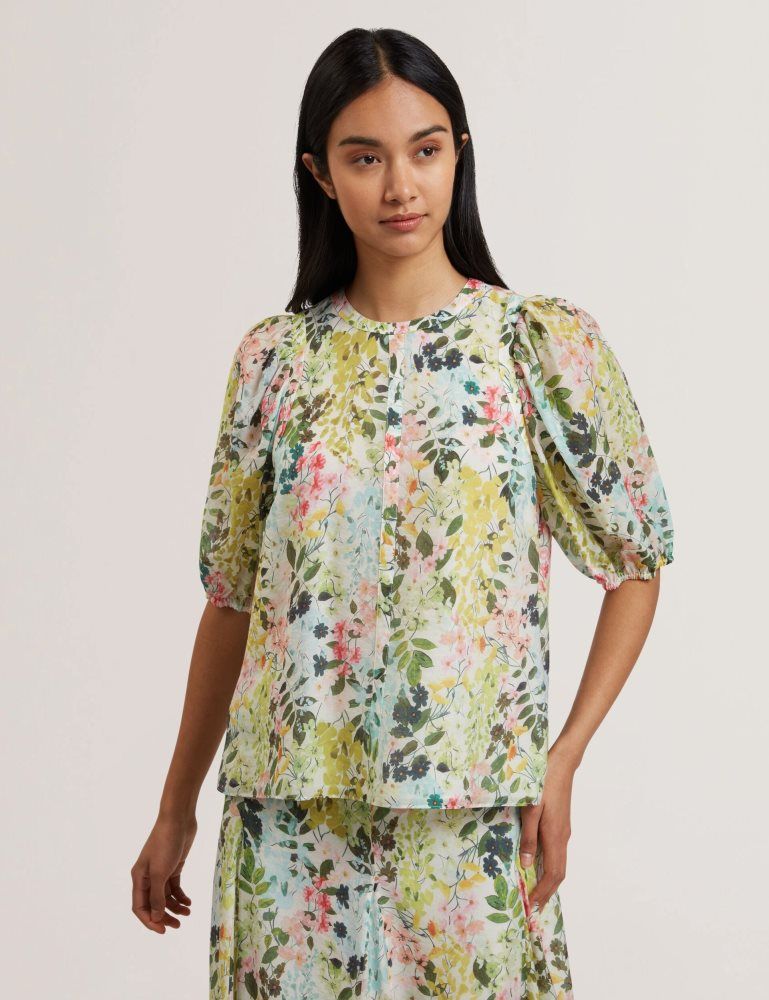 Tricouri Dama Ted Baker Micha - Floral Binding Detail Puffed Sleeve Blouse Albi | 196430-LCY