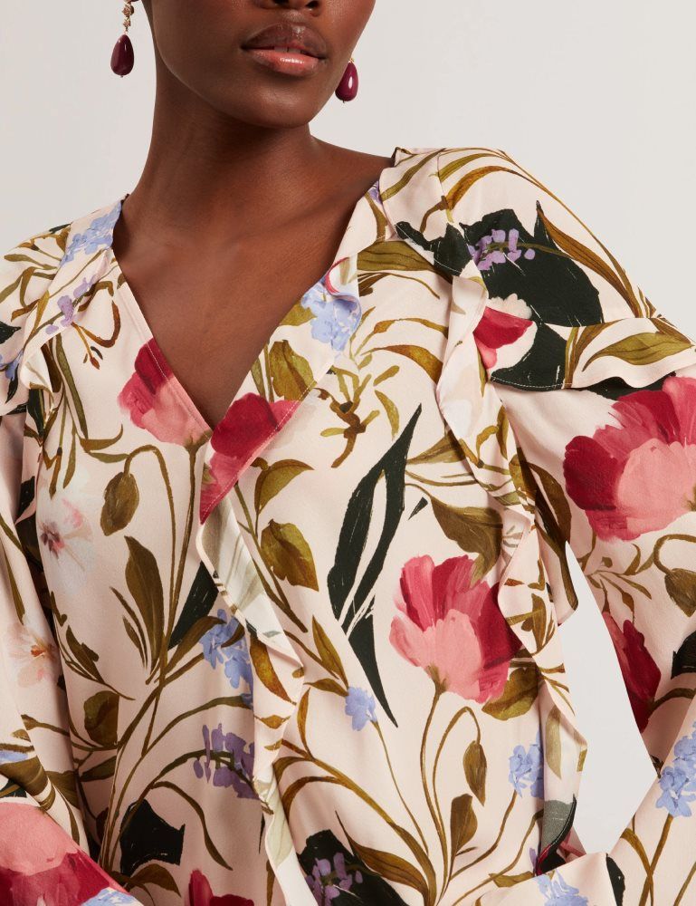 Tricouri Dama Ted Baker Minasa - Floral Print Frill Trim Long Sleeve Blouse Roz | 596032-NZS