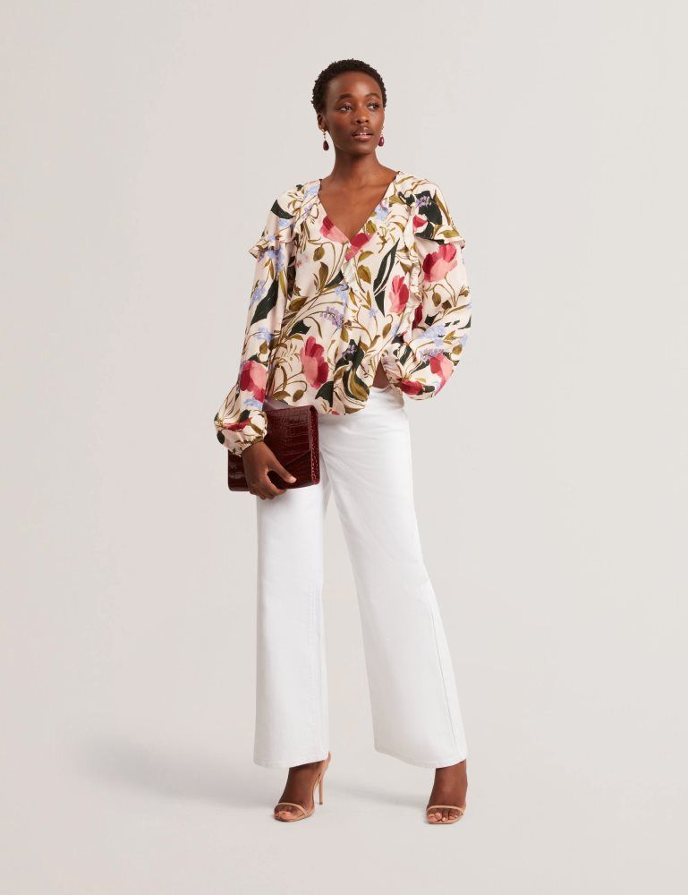 Tricouri Dama Ted Baker Minasa - Floral Print Frill Trim Long Sleeve Blouse Roz | 596032-NZS