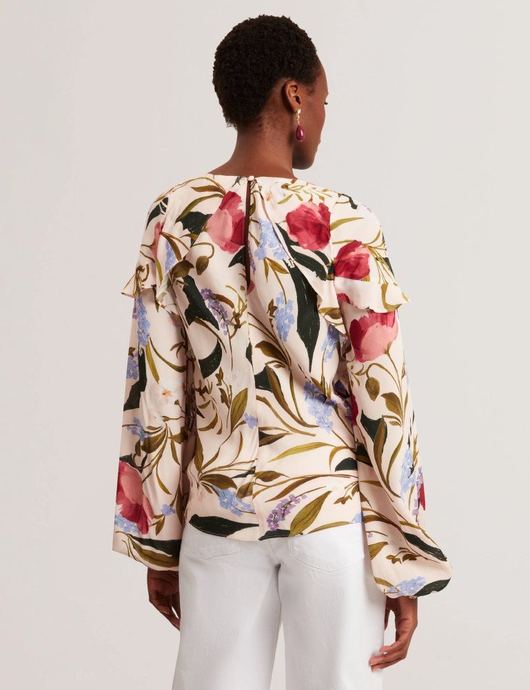 Tricouri Dama Ted Baker Minasa - Floral Print Frill Trim Long Sleeve Blouse Roz | 596032-NZS