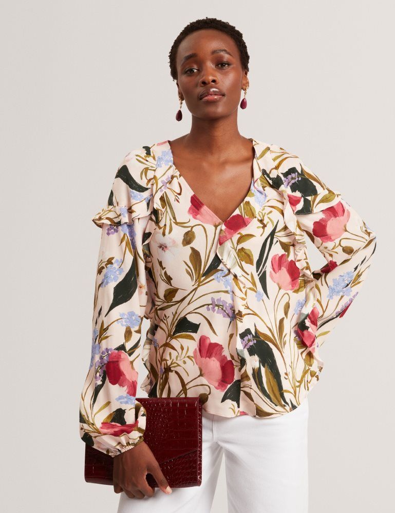 Tricouri Dama Ted Baker Minasa - Floral Print Frill Trim Long Sleeve Blouse Roz | 596032-NZS
