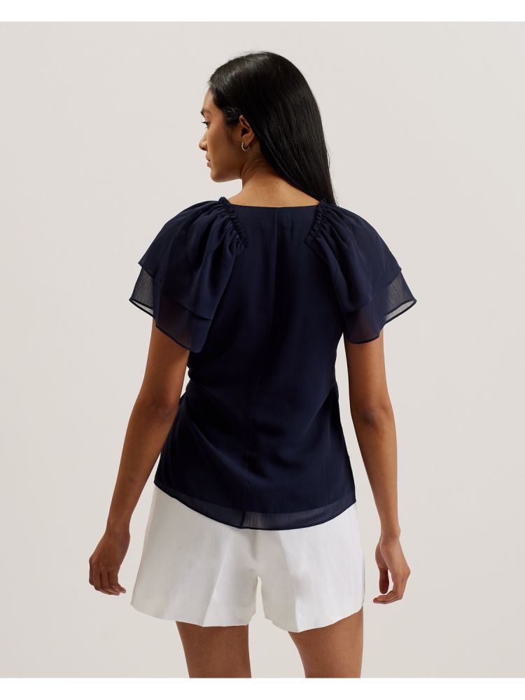 Tricouri Dama Ted Baker Nobora - Chiffon Frill Short Sleeve Wrap Top Albastri | 583217-KPS