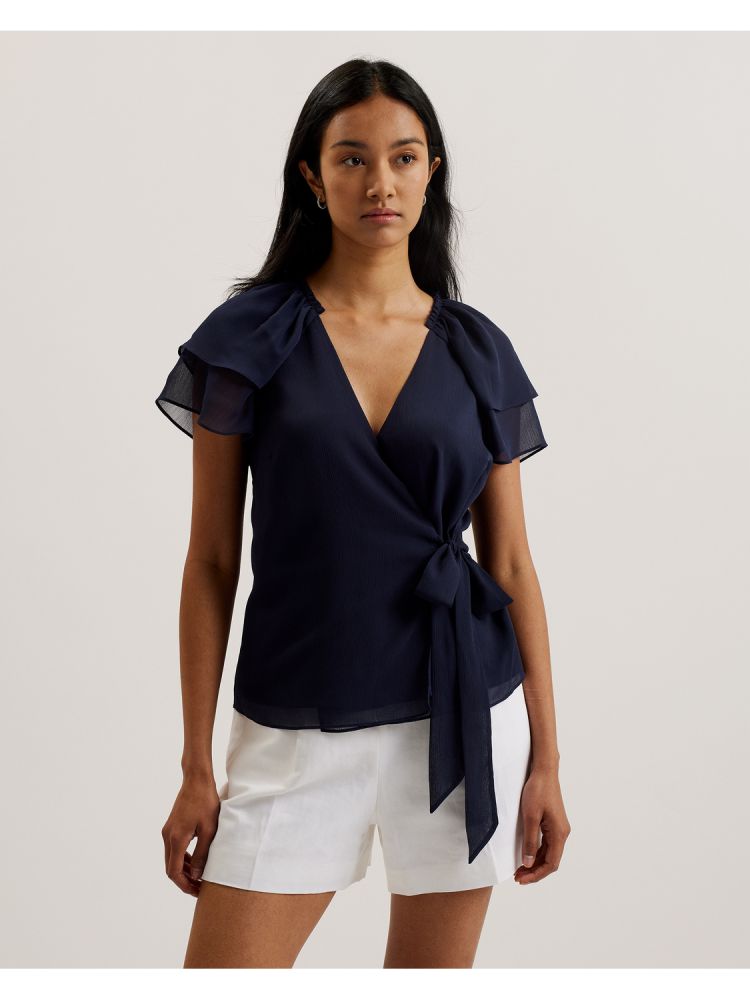 Tricouri Dama Ted Baker Nobora - Chiffon Frill Short Sleeve Wrap Top Albastri | 583217-KPS