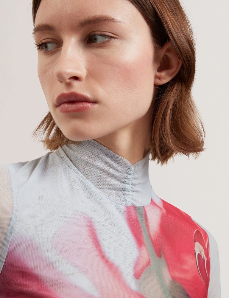 Tricouri Dama Ted Baker Pipya - Floral High Neck Long Sleeve Mesh Top Albastri | 205469-NQI