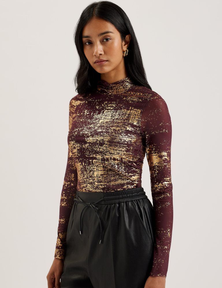Tricouri Dama Ted Baker Sofiy - Foil Print High Neck Mesh Top Rosii | 123875-SUO