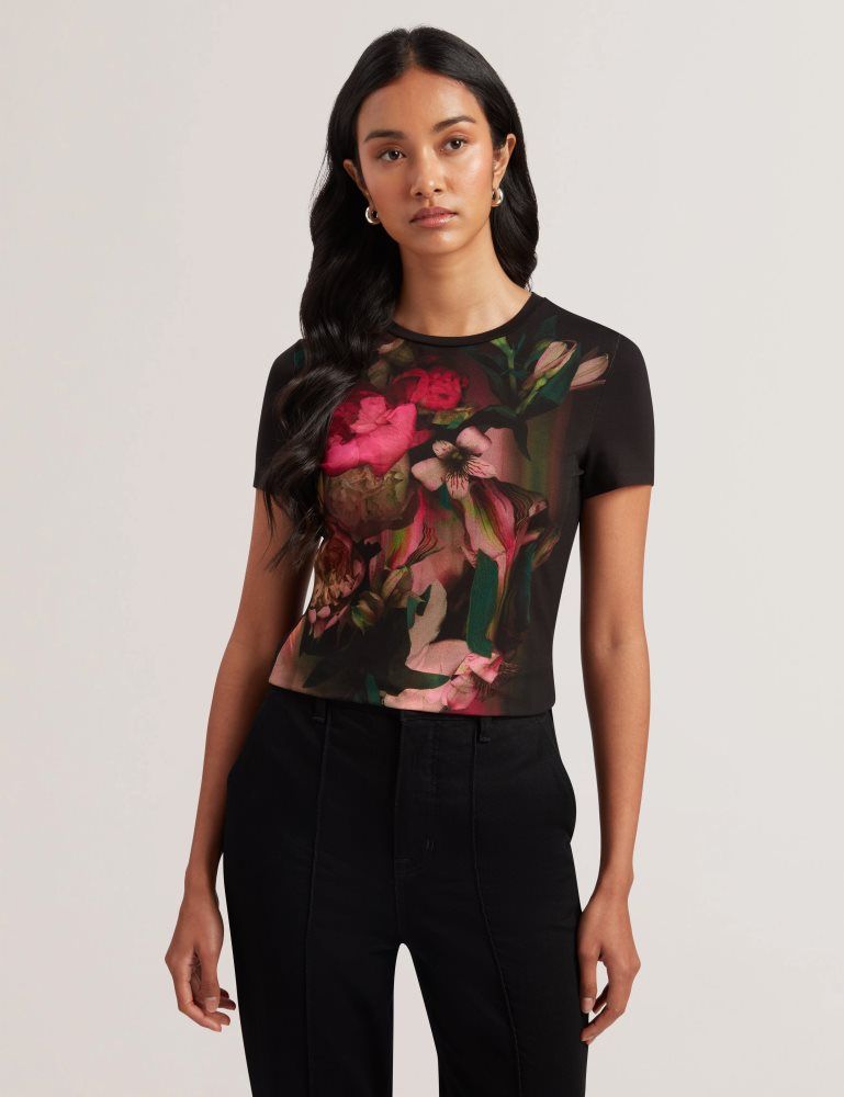 Tricouri Dama Ted Baker Sunnyy - Blurred Floral Print Slim Fit T-shirt Negrii | 854607-ABP