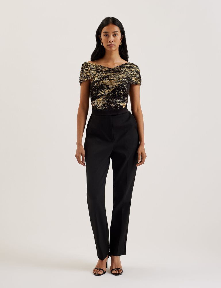 Tricouri Dama Ted Baker Talular - Bardot Foil Printed Mesh Top Negrii | 176023-KXS