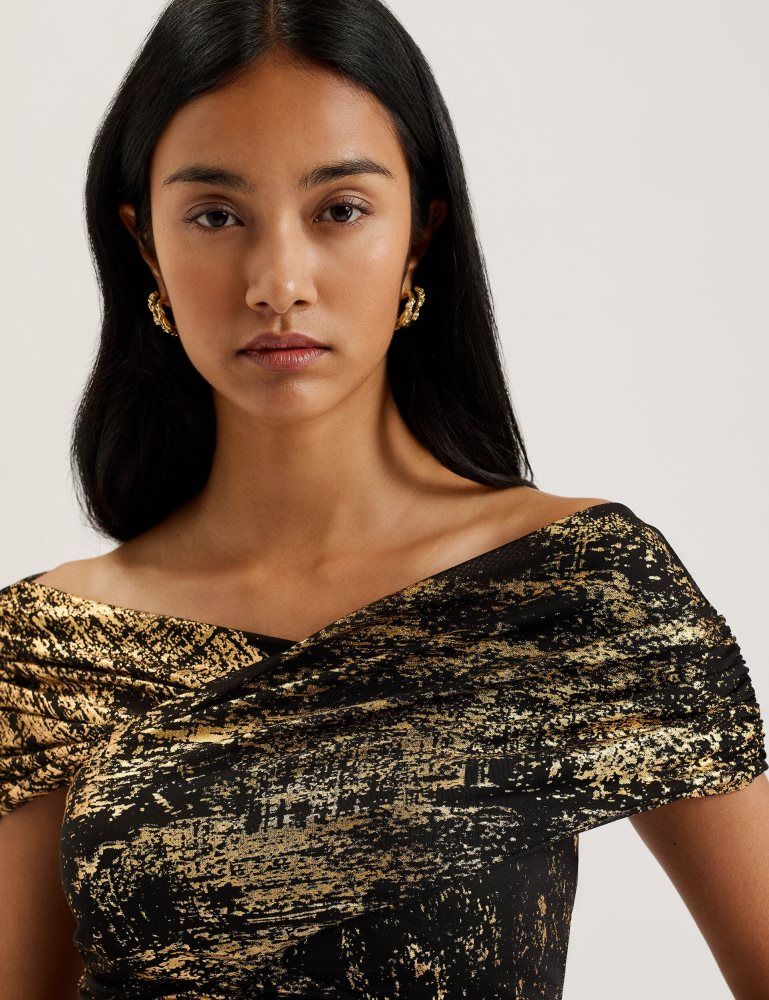 Tricouri Dama Ted Baker Talular - Bardot Foil Printed Mesh Top Negrii | 176023-KXS