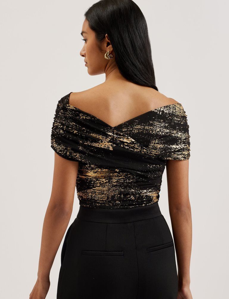 Tricouri Dama Ted Baker Talular - Bardot Foil Printed Mesh Top Negrii | 176023-KXS