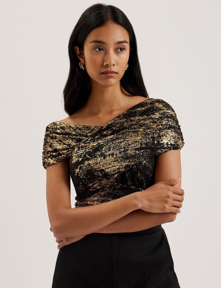 Tricouri Dama Ted Baker Talular - Bardot Foil Printed Mesh Top Negrii | 176023-KXS