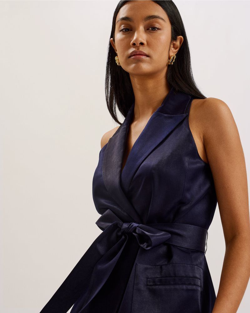 Tricouri Dama Ted Baker Teeru - Tailored Satin Longline Vest With Belt Bleumarin | 452089-CGL