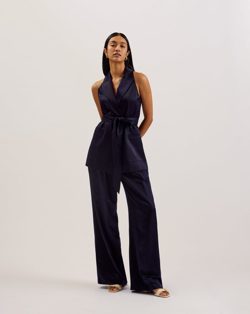 Tricouri Dama Ted Baker Teeru - Tailored Satin Longline Vest With Belt Bleumarin | 452089-CGL