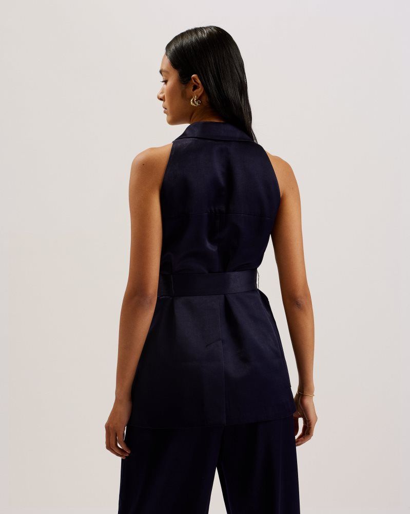 Tricouri Dama Ted Baker Teeru - Tailored Satin Longline Vest With Belt Bleumarin | 452089-CGL