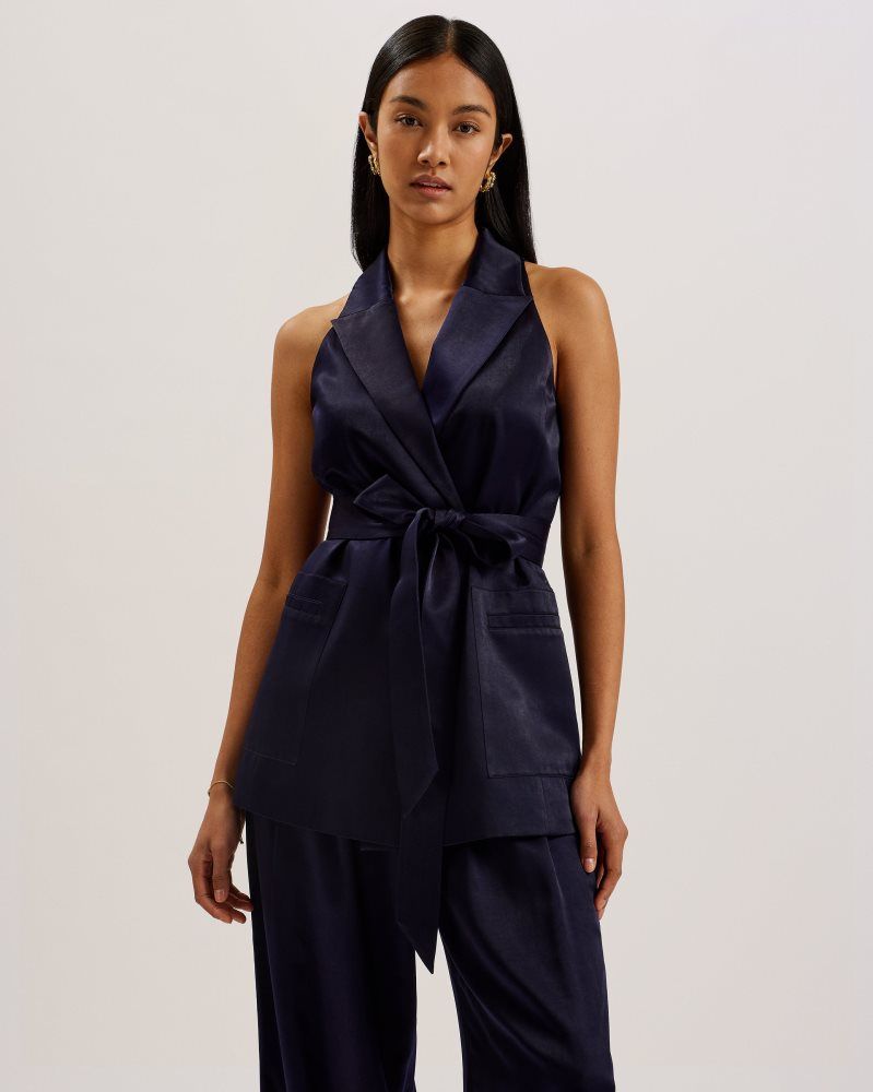 Tricouri Dama Ted Baker Teeru - Tailored Satin Longline Vest With Belt Bleumarin | 452089-CGL